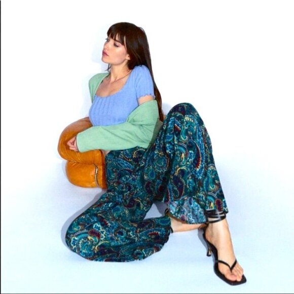 Zara Printed Flared High Waisted Green Paisley Pants NWT Size Small - Picture 10 of 16